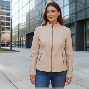 Chico's Light Beige Zip-Front Faux Suede Leather Jacket Size: 2 / Large